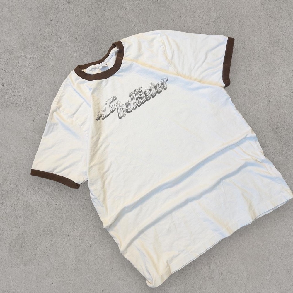 Hollister Co Mens XL White Brown Ringer Logo Tee Y2K Surf Streetwear Shirt